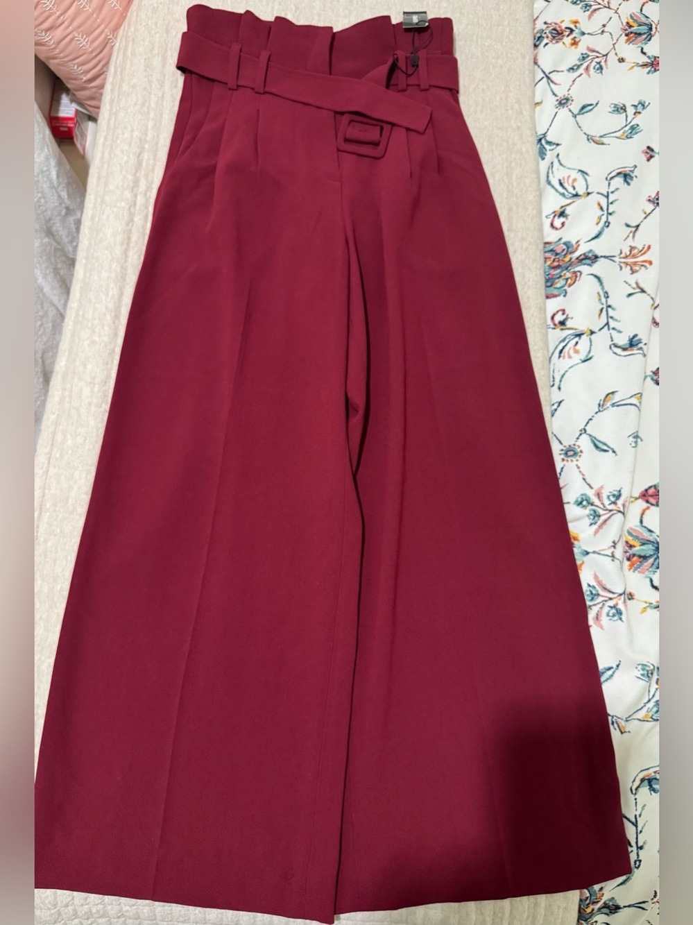 Express Wide Leg High Rise Burgundy Trousers with Belt